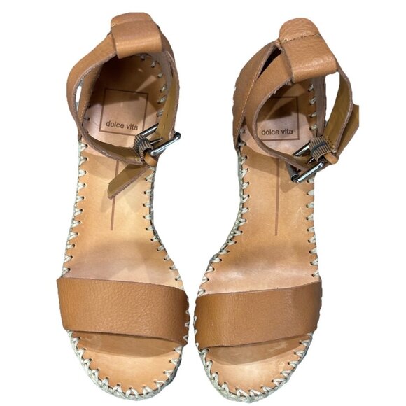 Dolce Vita Noor Tan Leather Espadrille Wedges Sandals - Size 6.5 - Picture 1 of 4